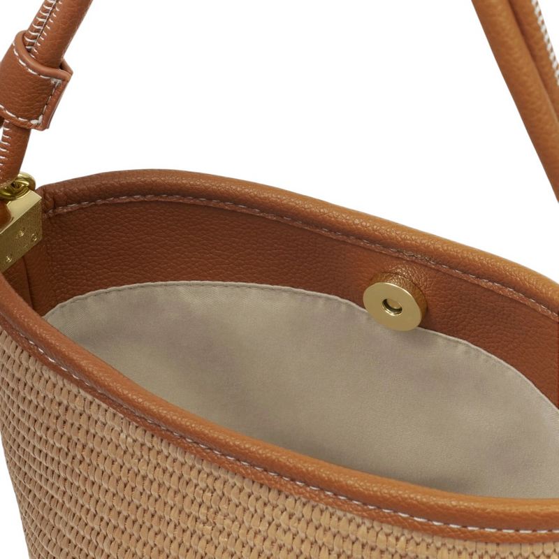 Katie Loxton Sorrento Bucket Bag Natural Raffia Cognac KLB4455 open