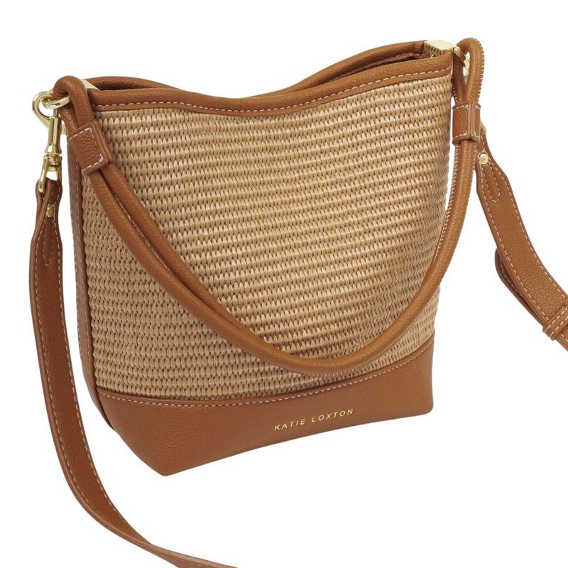 Katie Loxton Sorrento Bucket Bag Natural Raffia Cognac KLB4455 with shoulder strap