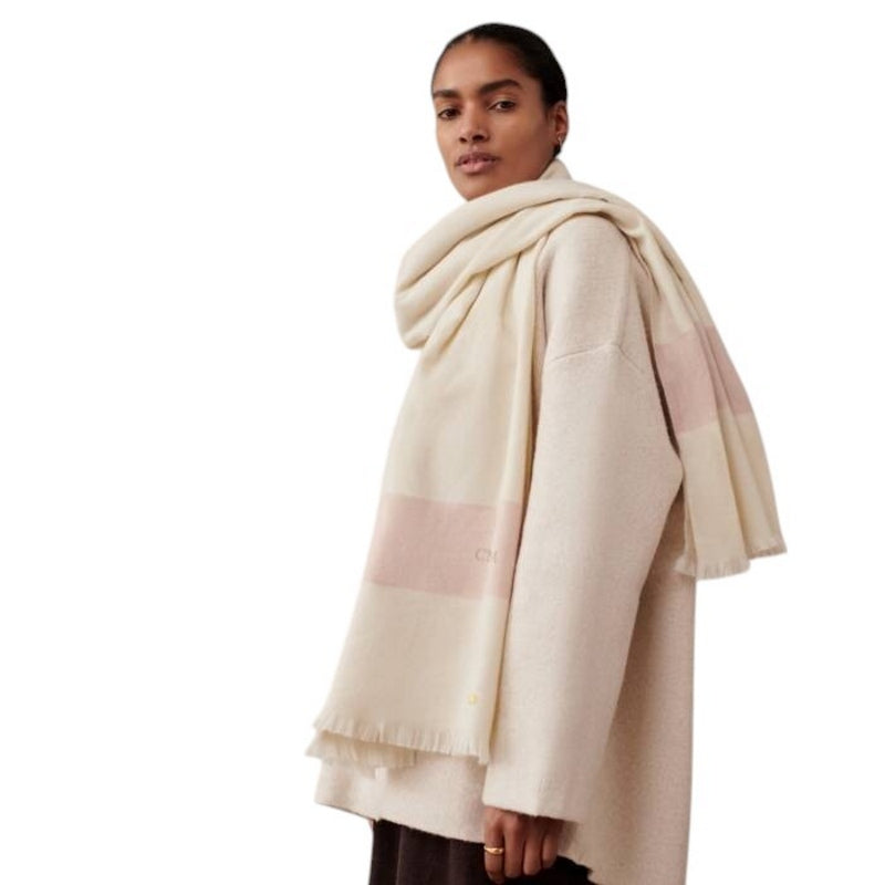 Katie Loxton Stripe Blanket Scarf in Off White and Nude Pink KLS65 model