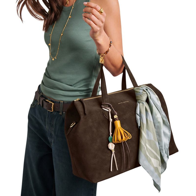 Katie Loxton Tassle Bag Charm Bitter Chocolate Yellow KLB4598 model
