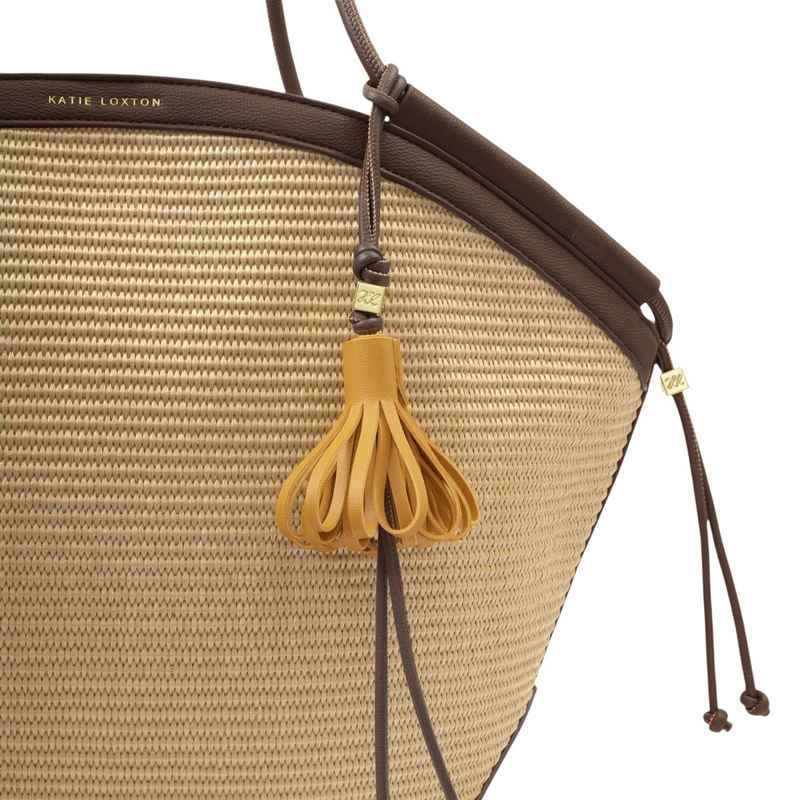 Katie Loxton Tassle Bag Charm Bitter Chocolate Yellow KLB4598 on bag