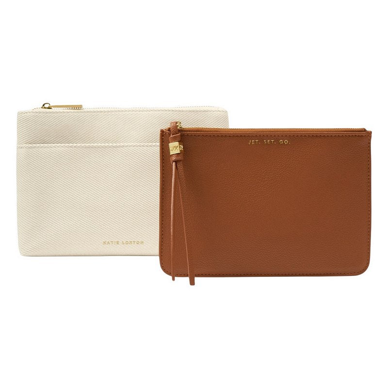 Katie Loxton Travel Duo Pouch Jet Set Go Canvas Cognac KLB4547 separated