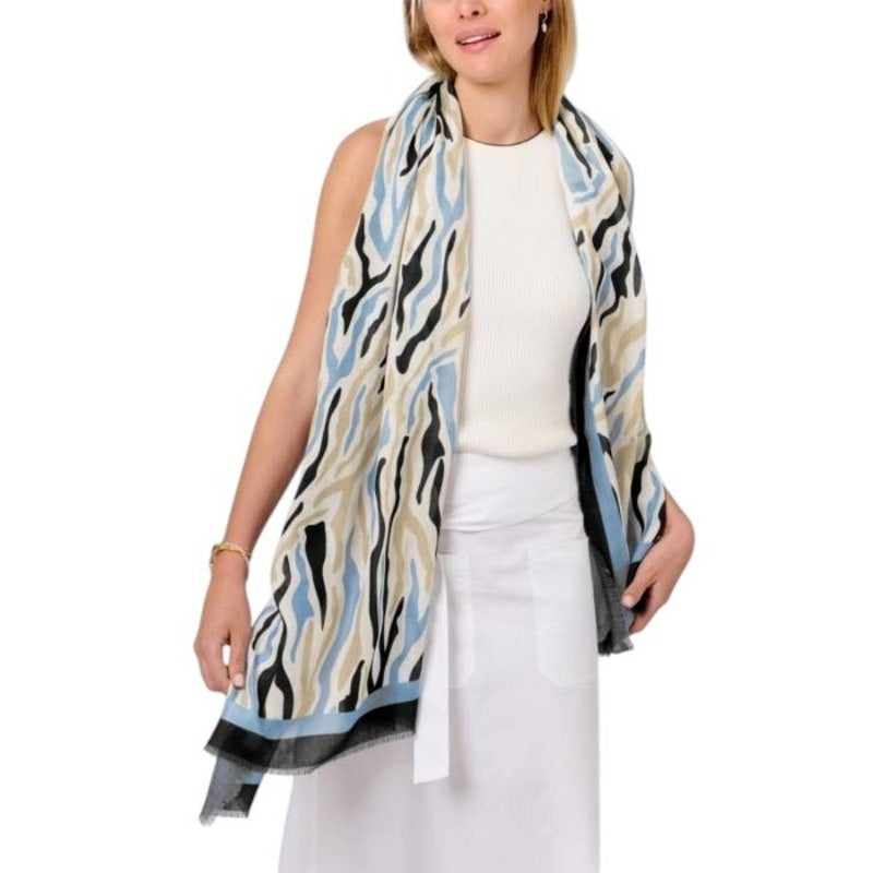 Katie Loxton Printed Abstract Zebra Scarf in Ecru, Blue and Black KLS665 model
