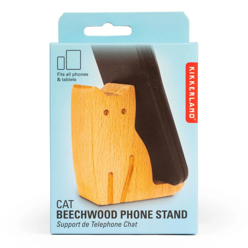Kikkerland Cat Beechwood Phone Stand US242 box
