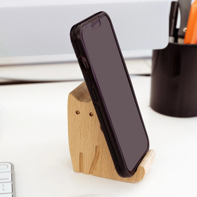 Kikkerland Cat Beechwood Phone Stand US242 in use