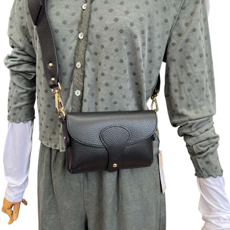 Leather Mini Crossbody Handbag in Black on mannequin close-up