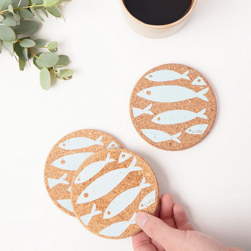 Liga Eco Living Cork Coaster Fish Sky Blue lifestyle