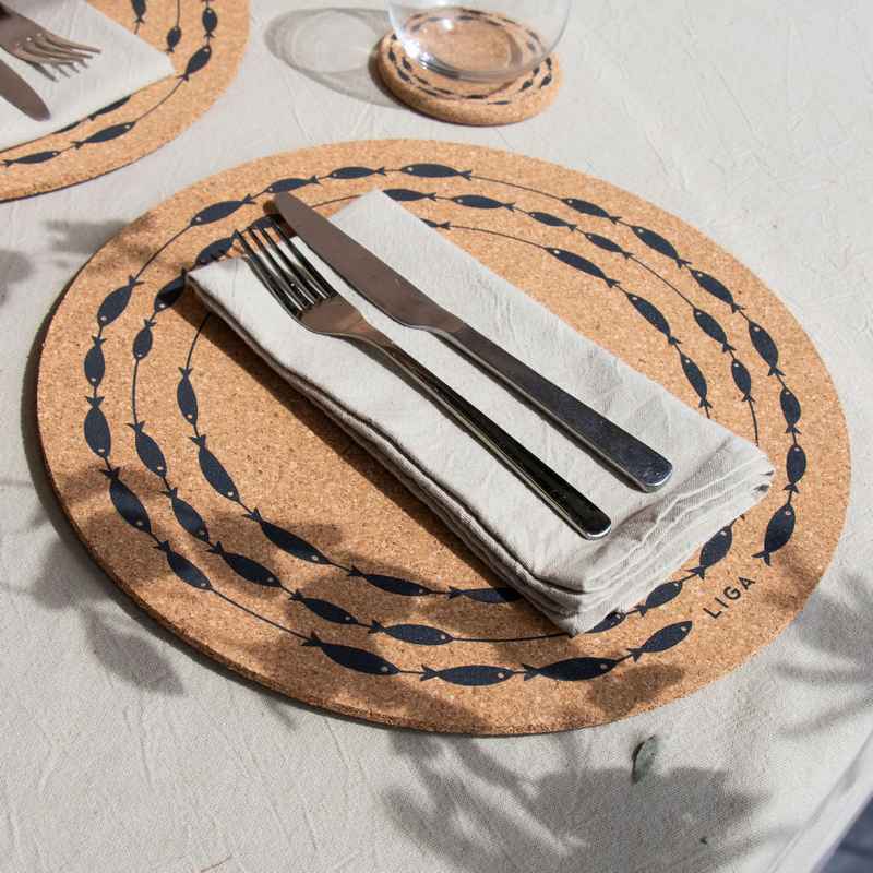 Liga Eco Living Cork Max Round Placemat Set Fish On A Line CRK-PM-FIS-LINE-LRG-SET lifestyle
