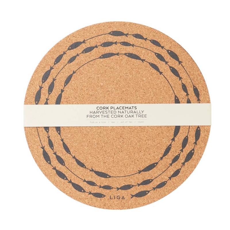 Liga Eco Living Cork Max Round Placemat Set Fish On A Line CRK-PM-FIS-LINE-LRG-SET with label