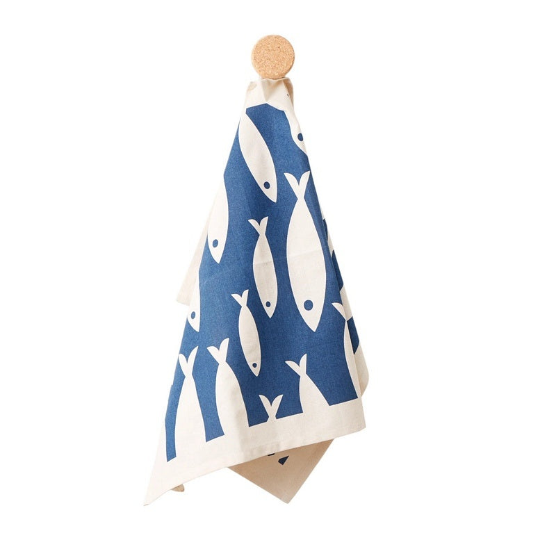 Liga Eco Living Organic Cotton Tea Towel Fish In The Sea ORG-TT-FISH SEA-NVY hanging
