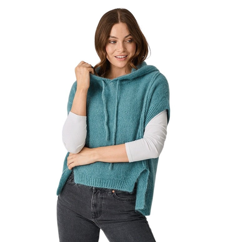Luella Clothing Hillesley Mohair Knit Hooded Tank Top Duck Egg on model front with hood down