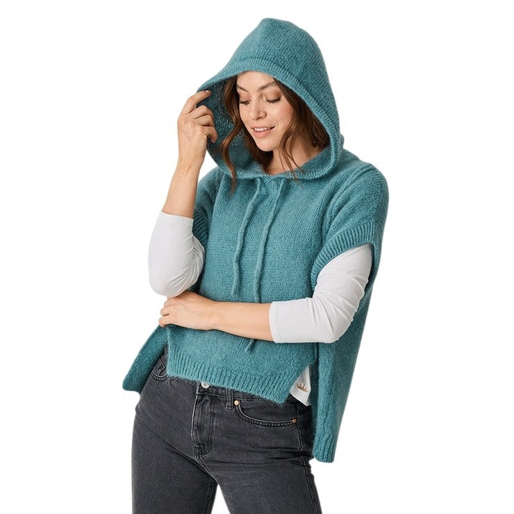 Luella Clothing Hillesley Mohair Knit Hooded Tank Top Duck Egg on model front with hood up