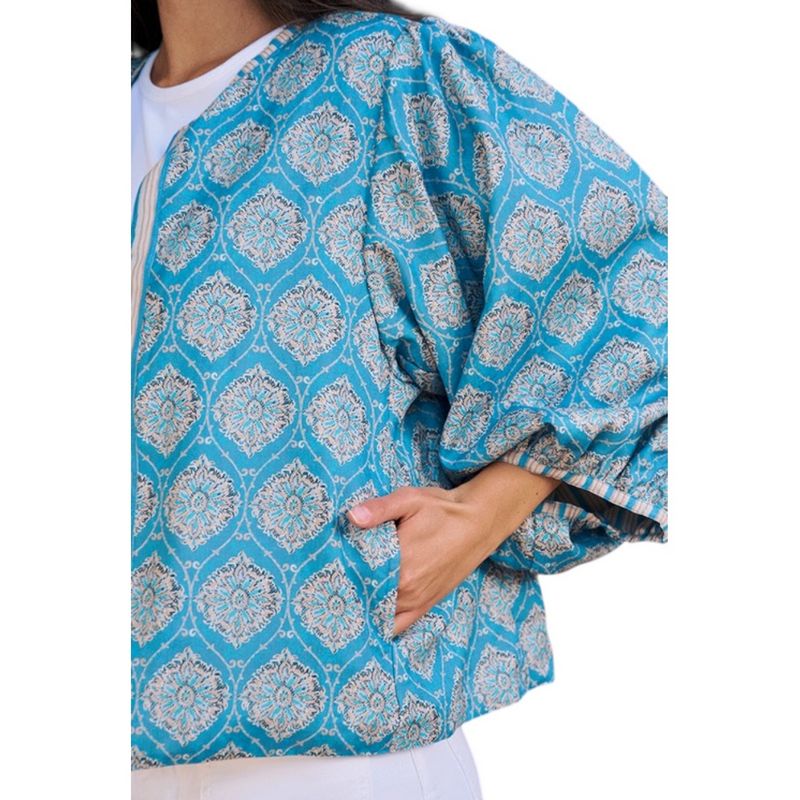 Luella Fashion Bari Jacket Printed Pattern Denim Blue on model detail