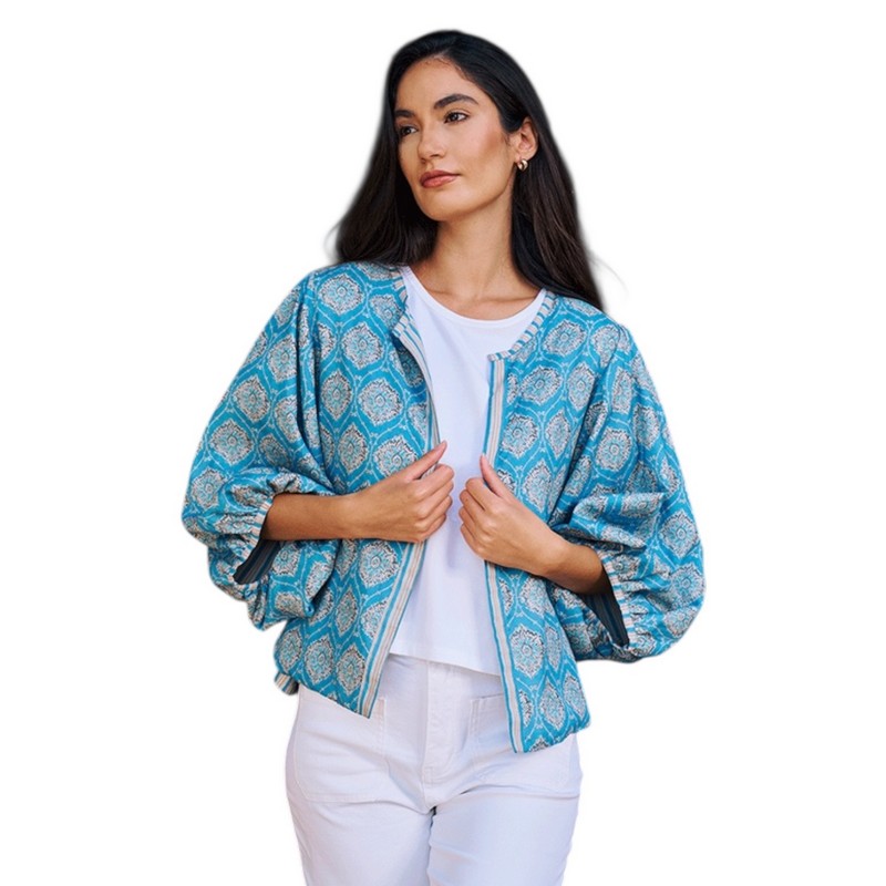Luella Fashion Bari Jacket Printed Pattern Denim Blue on model front