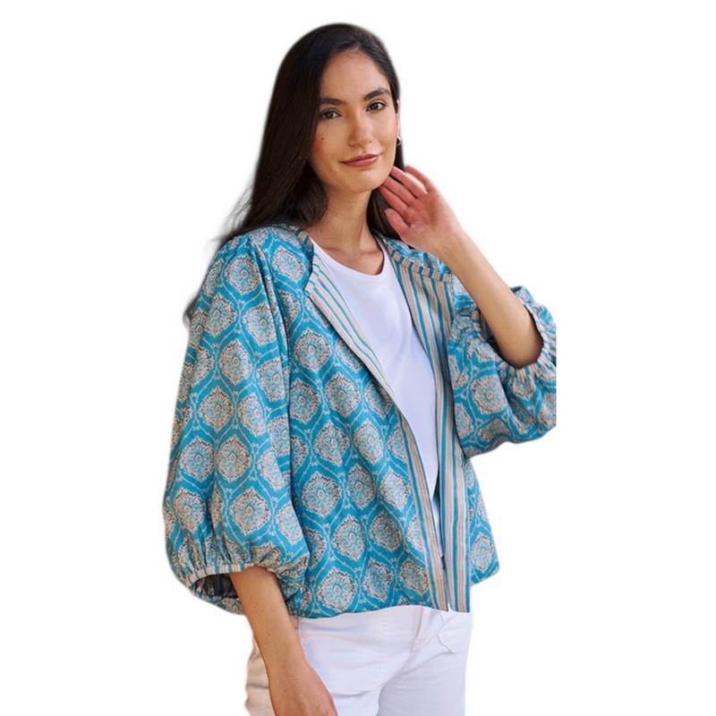 Luella Fashion Bari Jacket Printed Pattern Denim Blue on model side