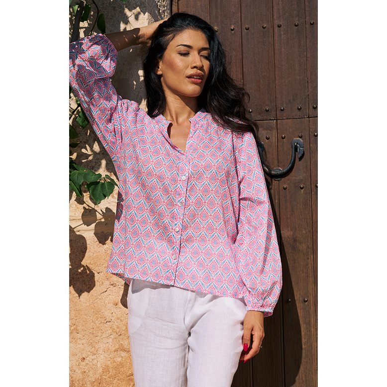 Luella Fashion Bergerac Long Sleeve Blouse Printed Pattern Blue and Pink on model lifestyle