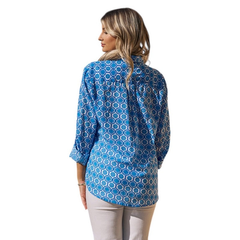 Luella Fashion Dieppe Cotton Shirt Printed Pattern Blue on model rear