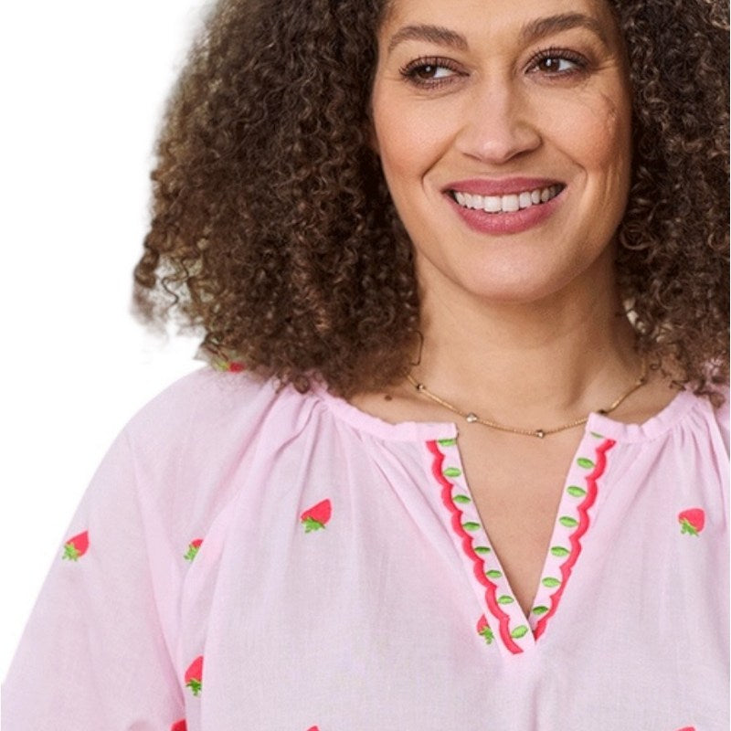 Luella Fashion Florento Cotton Top Embroidered Strawberries on model close-up