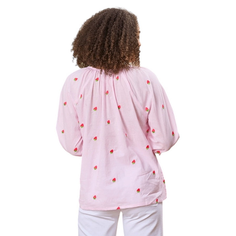 Luella Fashion Florento Cotton Top Embroidered Strawberries on model rear
