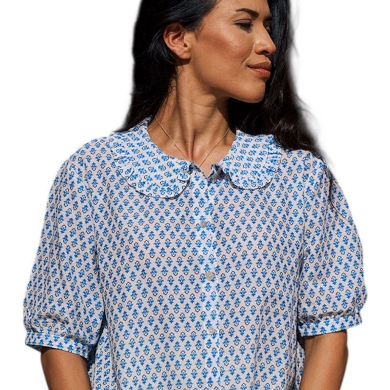 Luella Fashion Marseille Short Sleeve Blouse Frill Collar Printed Pattern Blue on model close-up