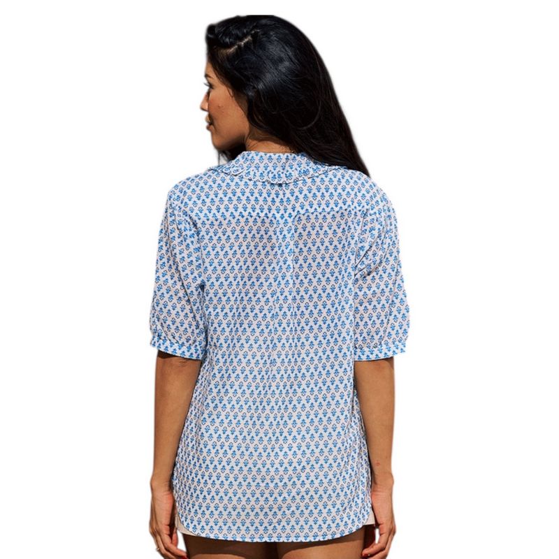 Luella Fashion Marseille Short Sleeve Blouse Frill Collar Printed Pattern Blue on model rear