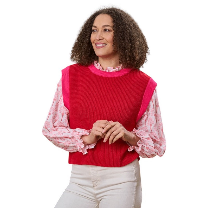 Luella Fashion Truro Cotton Tank Top Contrast Trim Red & Pink on model over blouse front 2