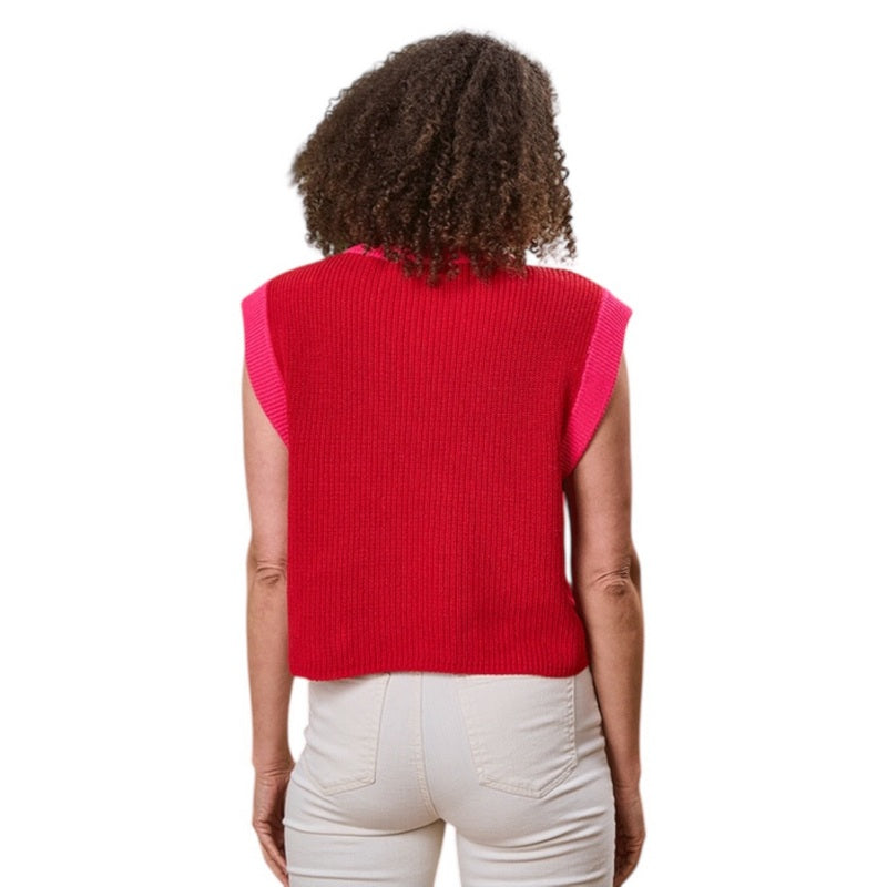 Luella Fashion Truro Cotton Tank Top Contrast Trim Red & Pink on model rear