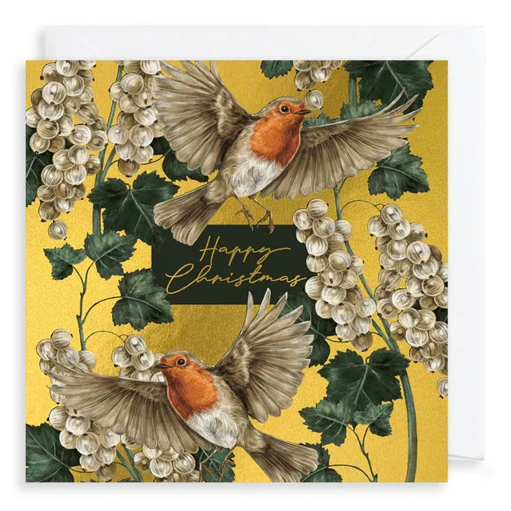 Luxury Christmas Cards Box of 8 Happy Christmas Robins on Gold LBX123 card and envelope