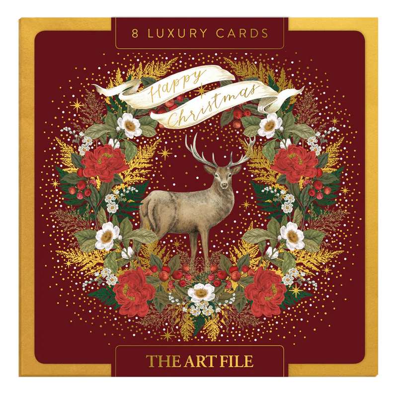 Luxury Christmas Cards Box of 8 Stag & Wreath Burgundy LBX116 box front