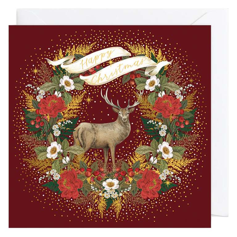 Luxury Christmas Cards Box of 8 Stag & Wreath Burgundy LBX116 card front