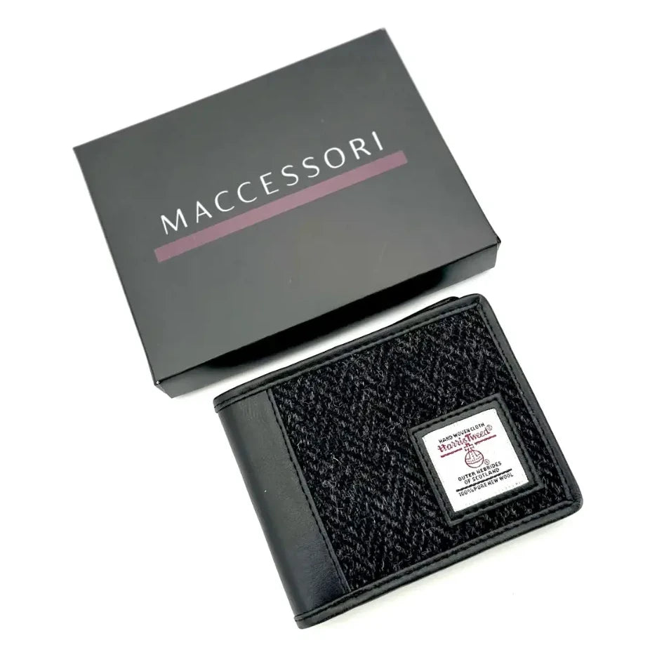 Maccessori Charcoal Harris Tweed Bifold Wallet with box