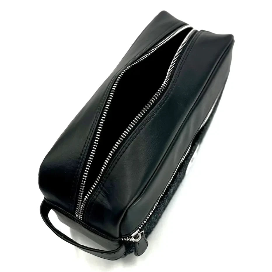Maccessori Charcoal Harris Tweed Wash Bag open