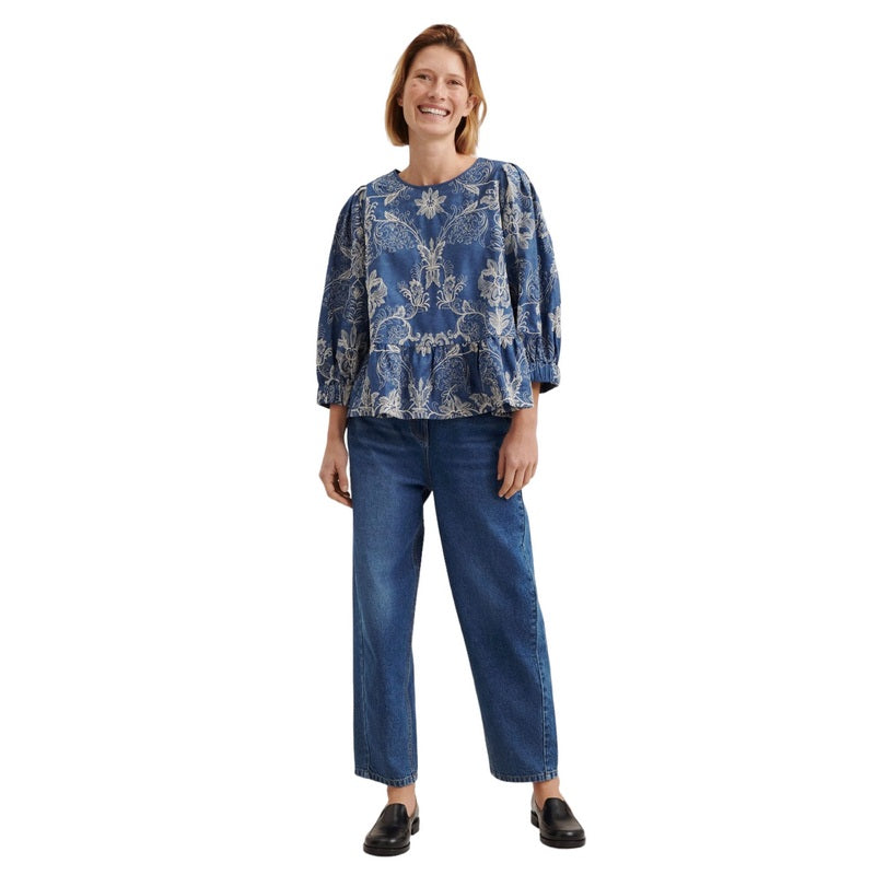 Masai Clothing Ma Basilia Blouse in Embroidered Blue Denim 1008075-2022P on model full-length