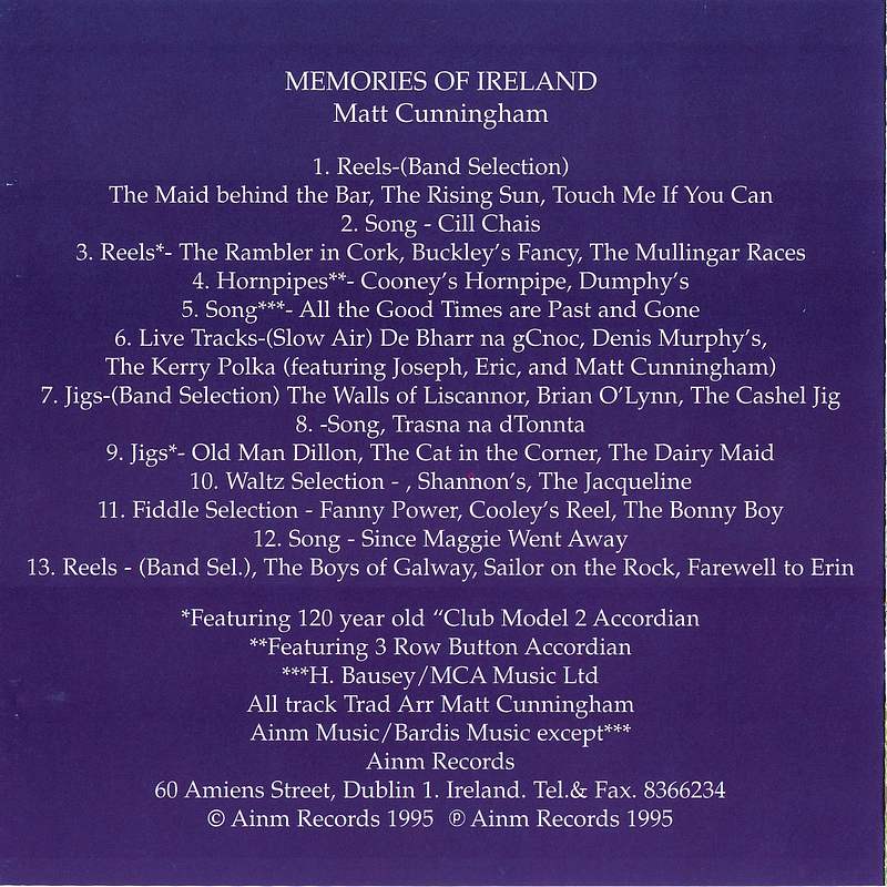 Matt Cunningham Memories Of Ireland ARCD021 rear