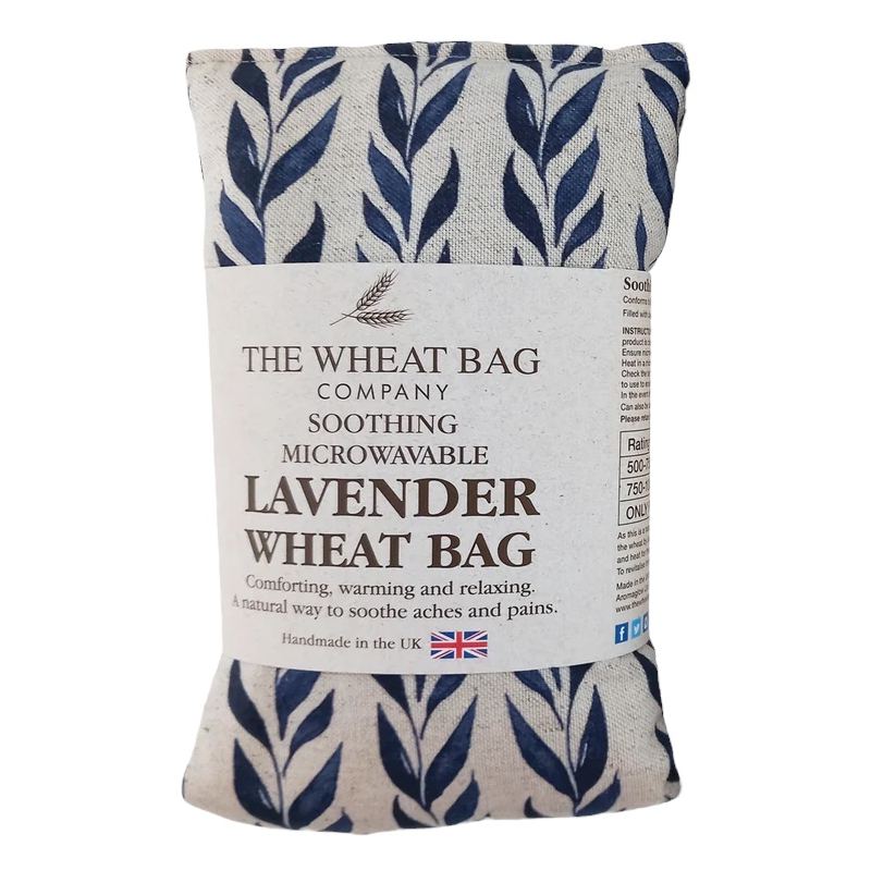 Microwavable Lavender Scented Linen Wheatbag Navy Leaf in packaging