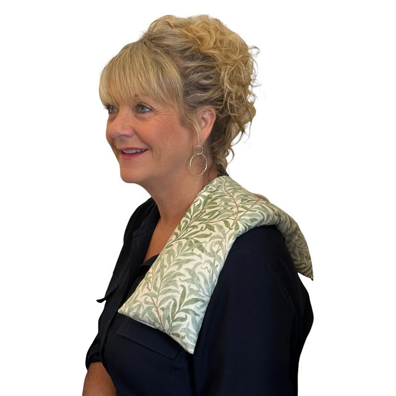 Microwavable Linen Wheatbag Lavender Scented Willow Sage on model's shoulder