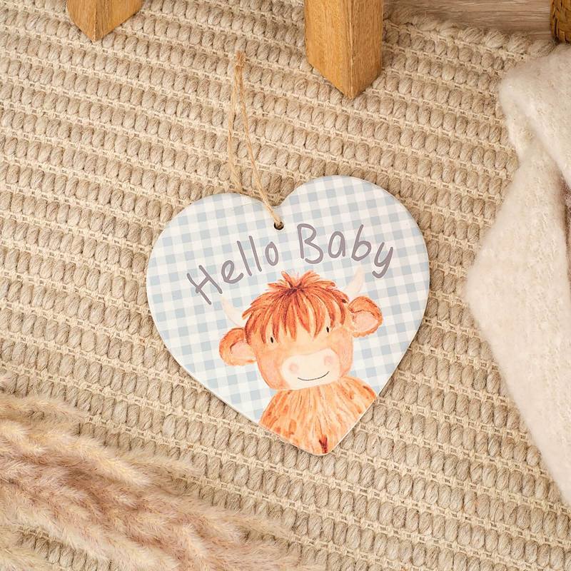 Mini Farm Hugo Highland Coo Hello Baby Ceramic Heart Hanger 7MF230 Blue lifestyle