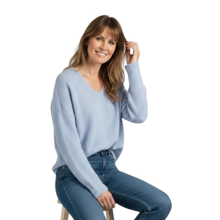 Mos Mosh Thora V-Neck Jumper Cashmere Blue on model sitting