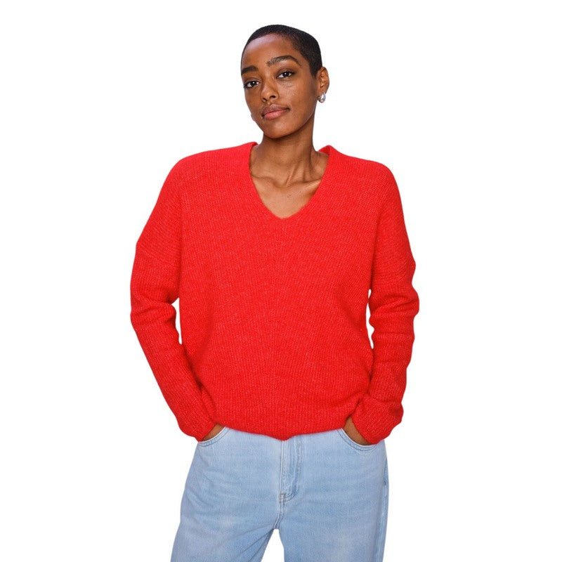Mos Mosh Thora V-Neck Knit Jumper Chinese Red 153900-268 on model front close-up