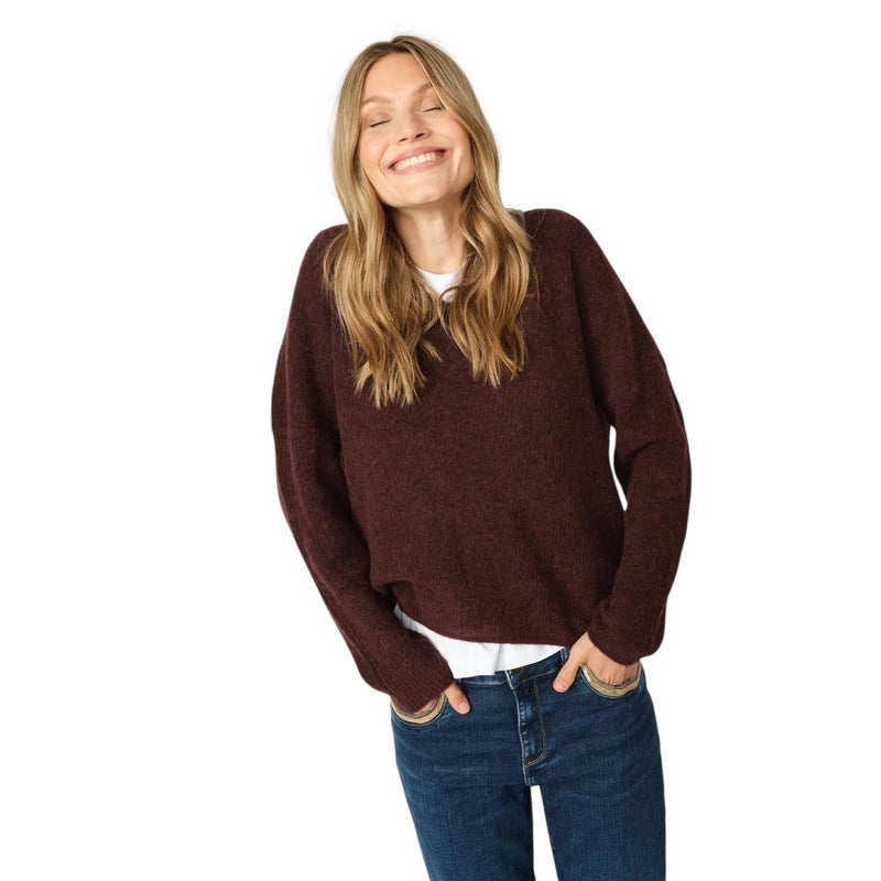 Mos Mosh Thora V-Neck Knit Jumper in Fudge on model front