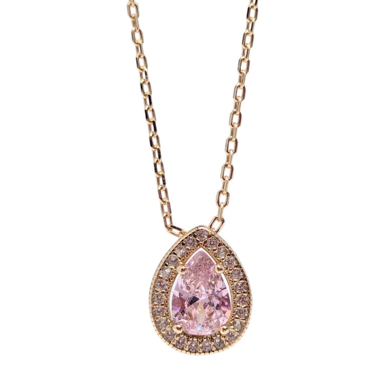 Old School Beauly Jewellery 2NS464A Small Pear Drop Pink CZ Diamante Necklace Gold Plated detail