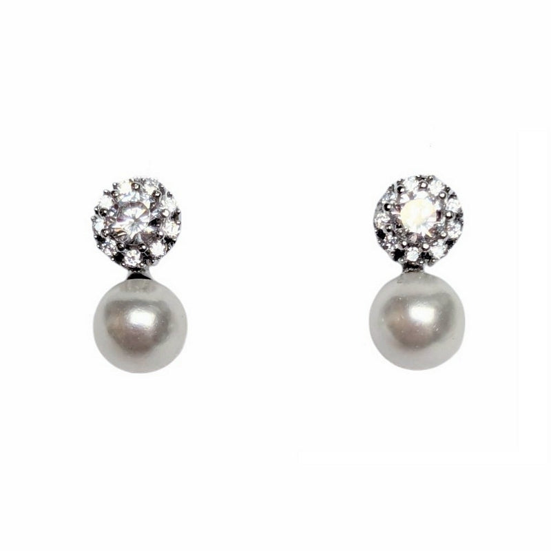 Old School Beauly Jewellery MLE09 Synthetic Pearl CZ Cluster Drop Earrings Sterling Silver front