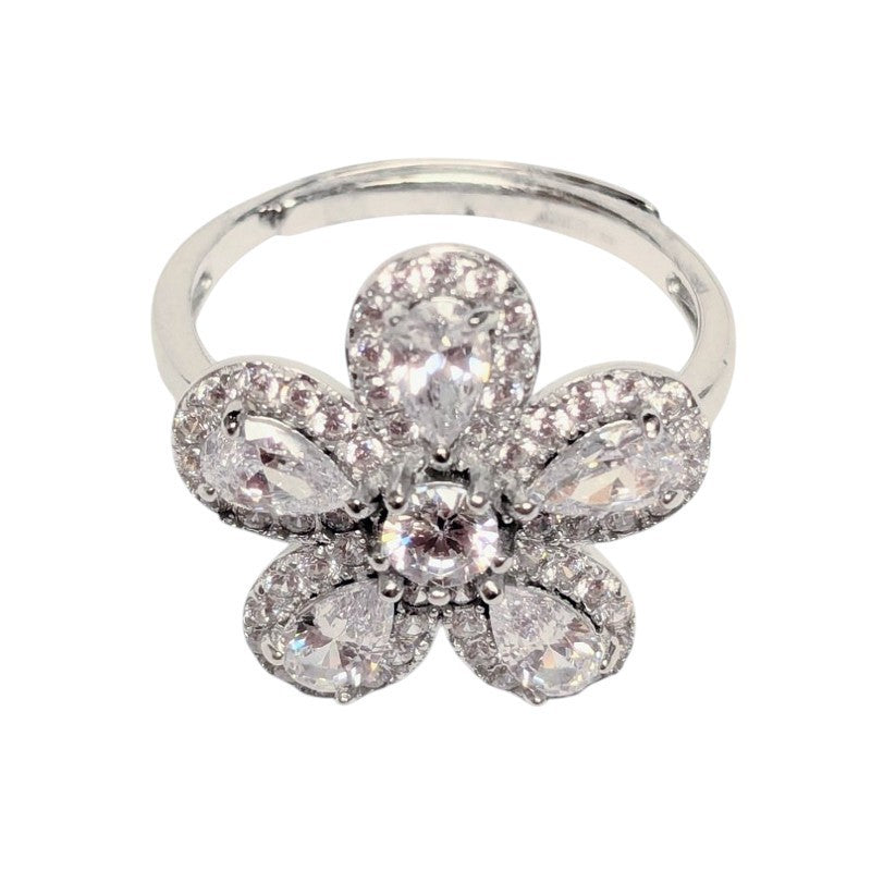 Old School Beauly Jewellery STR783 Flower Burst CZ Adjustable Ring Sterling Silver front