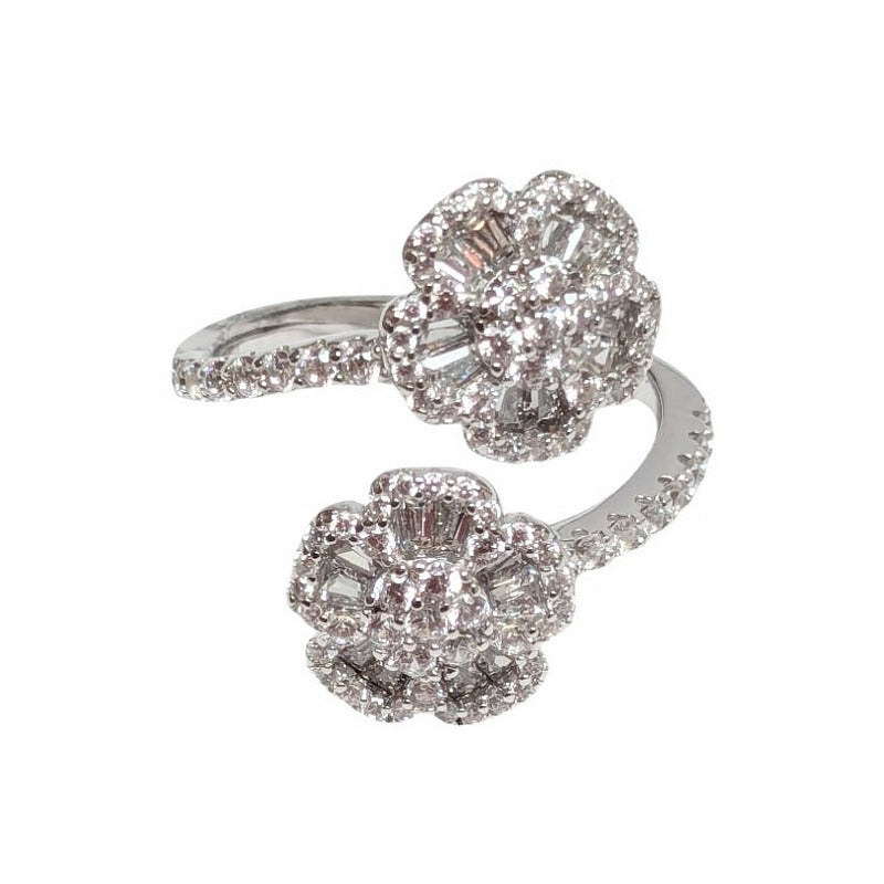 Old School Beauly Jewellery SVR097 Flower Duo CZ Adjustable Ring Sterling Silver front