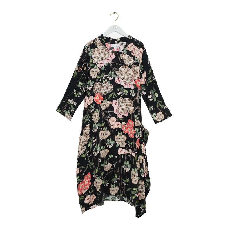 One Hundred Stars Asymmetric Dress Trailing Blossom Black DRATRABLK front