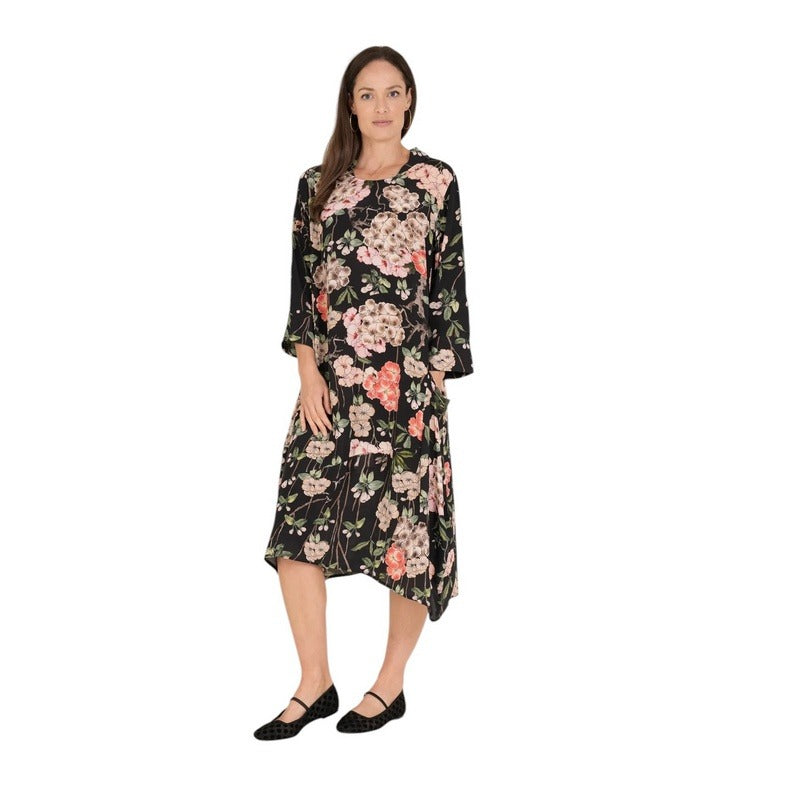 One Hundred Stars Asymmetric Dress Trailing Blossom Black DRATRABLK model front 2