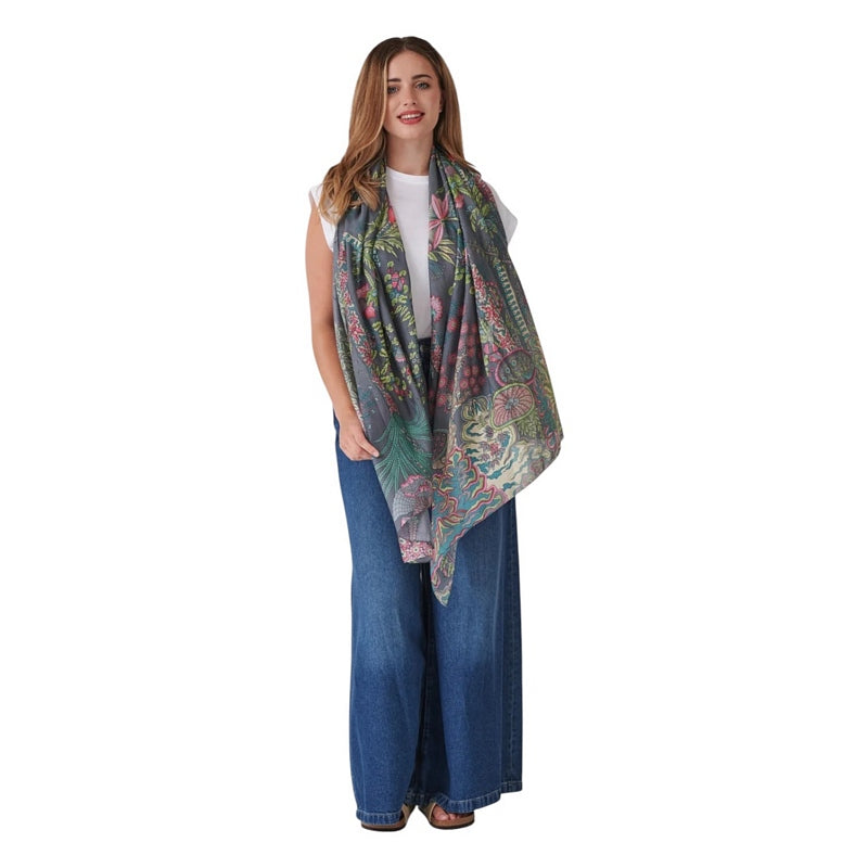 One Hundred Stars Boho Garden Scarf Grey on model 1