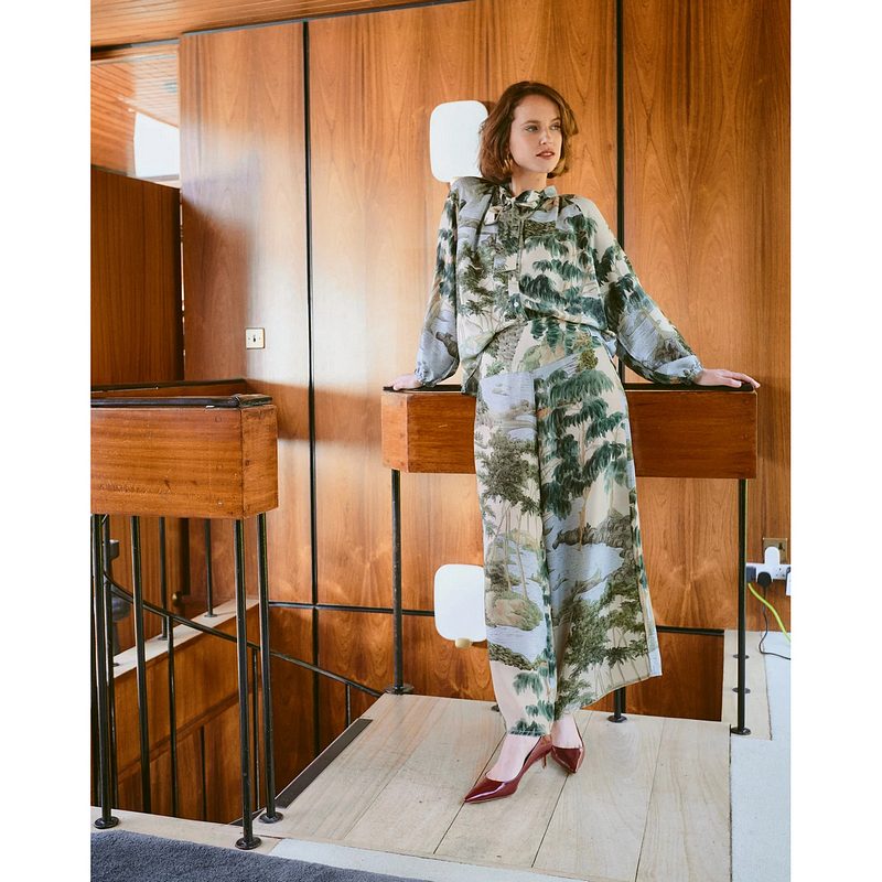 One Hundred Stars Crepe Palazzo Pants Rivers and Trees Natural on model lifestyle