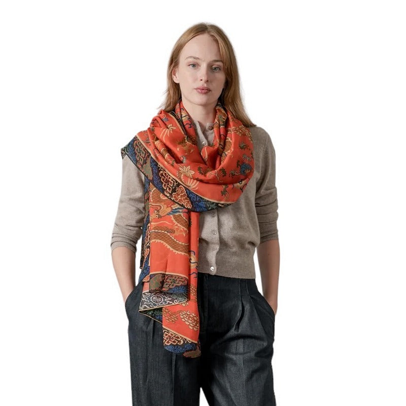 One Hundred Stars Dragon Rust Scarf on model close-up