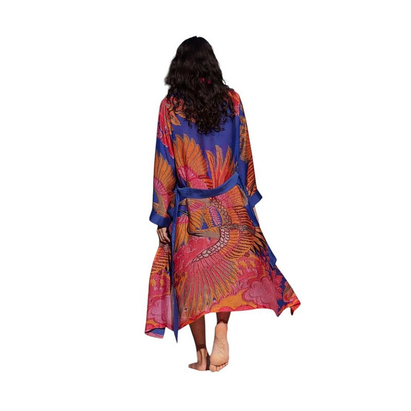 One Hundred Stars Dressing Gown Crane Cobalt GWNCRACOB model back 2
